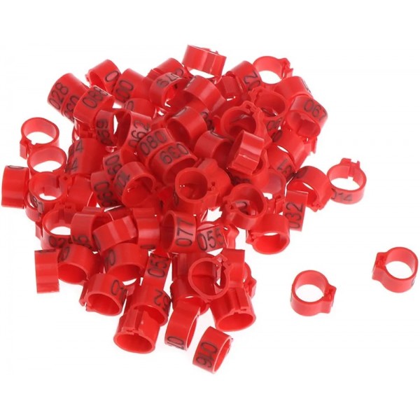100 Pcs Red Chicken & Bird Leg Rings – 9mm Plastic Identification Bands for Poultry, Pigeons, Parrots, Conure, Macaw, African Grey – Numbered Clip-On Foot Bands for Small & Large Birds