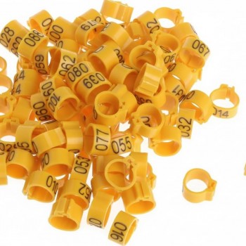 100 Pcs Yellow Chicken & Bird Leg Rings – 9mm Plastic Identification Bands for Poultry, Pigeons, Parrots, Conure, Macaw, African Grey – Numbered Clip-On Foot Bands for Small & Large Birds