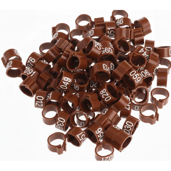 100 Pcs Brown Chicken & Bird Leg Rings – 9mm Plastic Identification Bands for Poultry, Pigeons, Parrots, Conure, Macaw, African Grey – Numbered Clip-On Foot Bands for Small & Large Birds