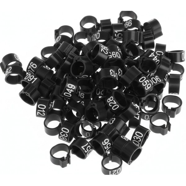 100 Pcs Black Chicken & Bird Leg Rings – 10mm ( 1 cm ) Plastic Identification Bands for Poultry, Pigeons, Parrots, Conure, Macaw, African Grey – Numbered Clip-On Foot Bands for Medium & Large Birds