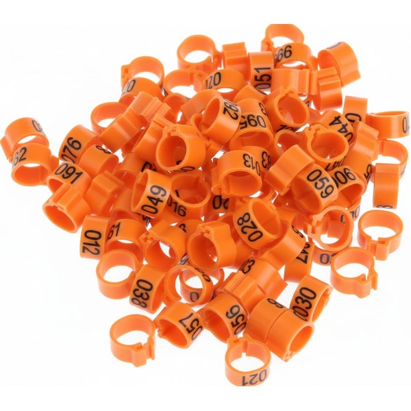 100 Pcs Orange Chicken & Bird Leg Rings – 10mm (1cm) Plastic Identification Bands for Poultry, Pigeons, Parrots, Conure, Macaw, African Grey – Numbered Clip-On Foot Bands for Medium & Large Birds