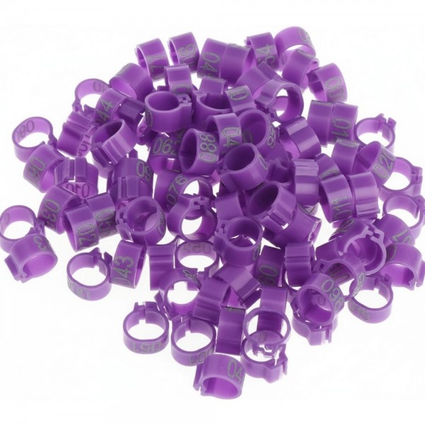 100 Pcs Purple Chicken & Bird Leg Rings – 10mm (1cm) Plastic Identification Bands for Poultry, Pigeons, Parrots, Conure, Macaw, African Grey – Numbered Clip-On Foot Bands for Medium & Large Birds