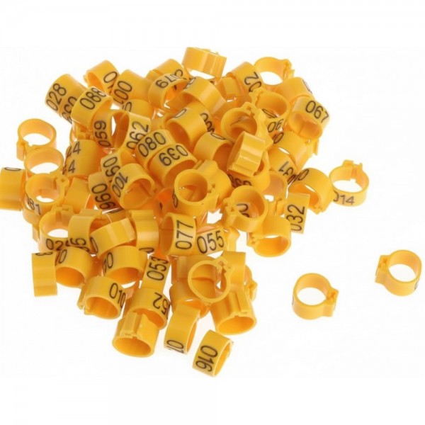 100 Pcs Yellow Chicken & Bird Leg Rings – 10mm (1cm) Plastic Identification Bands for Poultry, Pigeons, Parrots, Conure, Macaw, African Grey – Numbered Clip-On Foot Bands for Medium & Large Birds
