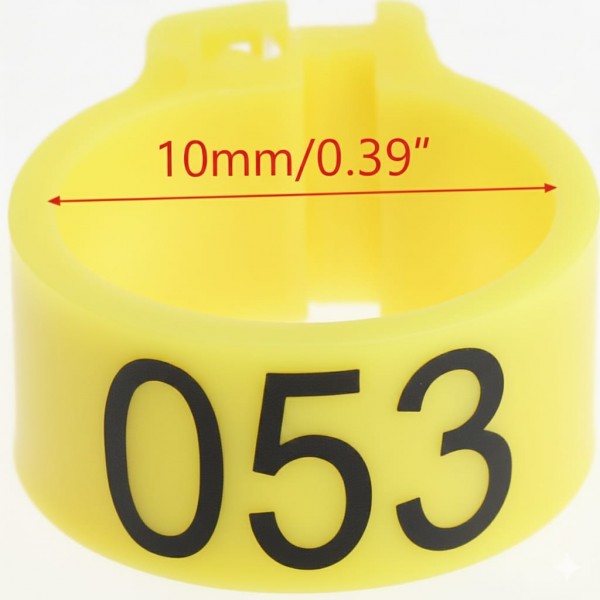 100 Pcs Yellow Chicken & Bird Leg Rings – 10mm (1cm) Plastic Identification Bands for Poultry, Pigeons, Parrots, Conure, Macaw, African Grey – Numbered Clip-On Foot Bands for Medium & Large Birds