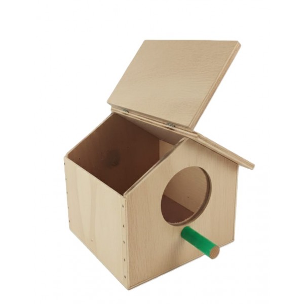 Wooden Bird House for Small Birds (Budgies & Parakeets) – Eco-Friendly Durable Wood Shelter with Circular Entry Hole & Green Perch – Suitable for Outdoor Use, Nesting & Breeding – Garden & Home Décor Birdhouse – Size 28 × 25 × 27 cm
