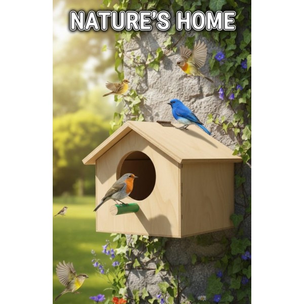 Wooden Bird House for Small Birds (Budgies & Parakeets) – Eco-Friendly Durable Wood Shelter with Circular Entry Hole & Green Perch – Suitable for Outdoor Use, Nesting & Breeding – Garden & Home Décor Birdhouse – Size 28 × 25 × 27 cm