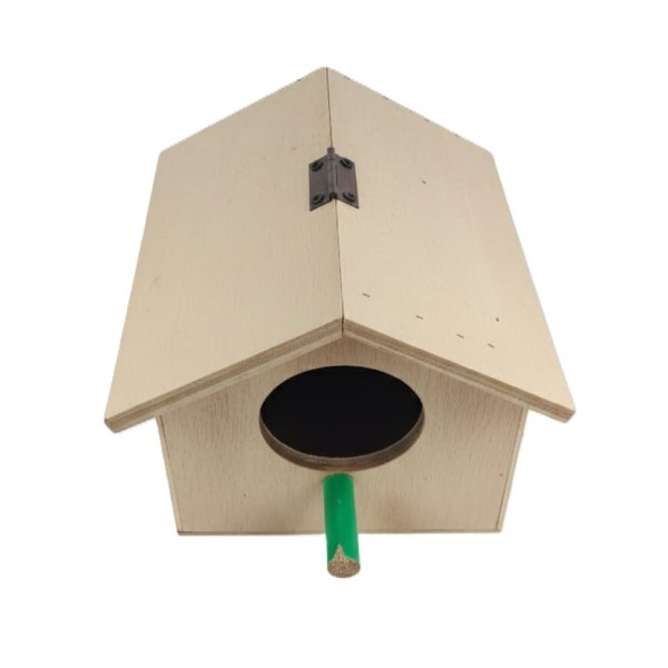 Wooden Bird House for Small Birds (Budgies & Parakeets) – Eco-Friendly Durable Wood Shelter with Circular Entry Hole & Green Perch – Suitable for Outdoor Use, Nesting & Breeding – Garden & Home Décor Birdhouse – Size 28 × 25 × 27 cm