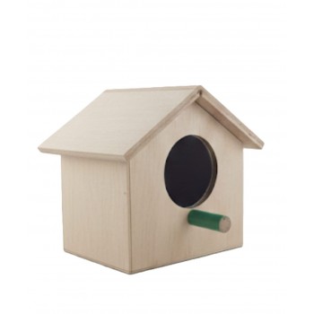 Wooden Bird House for Small Birds (Budgies & Parakeets) – Eco-Friendly Durable Wood Shelter with Circular Entry Hole & Green Perch – Suitable for Outdoor Use, Nesting & Breeding – Garden & Home Décor Birdhouse – Size 28 × 25 × 27 cm