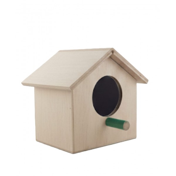 Wooden Bird House for Small Birds (Budgies & Parakeets) – Eco-Friendly Durable Wood Shelter with Circular Entry Hole & Green Perch – Suitable for Outdoor Use, Nesting & Breeding – Garden & Home Décor Birdhouse – Size 28 × 25 × 27 cm