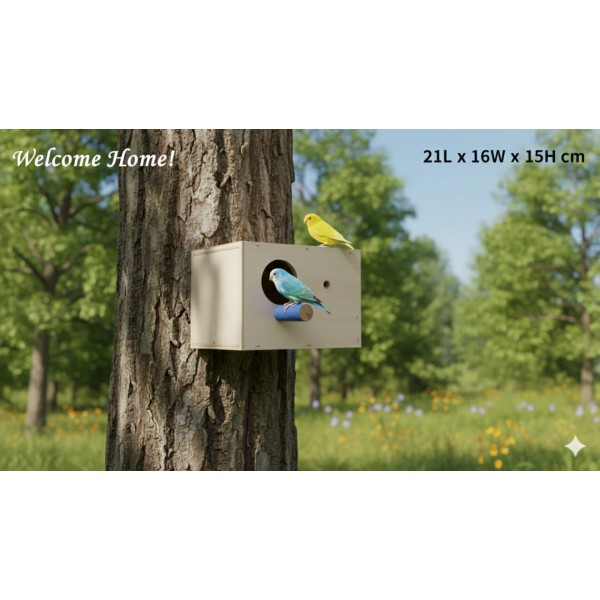 PetNest Wooden Bird Breeding Box for Small Birds – Natural Nesting House with Perch & Easy-Access Door (Budgies, Finches, Canaries, Lovebirds) – 21 × 16 × 15 cm