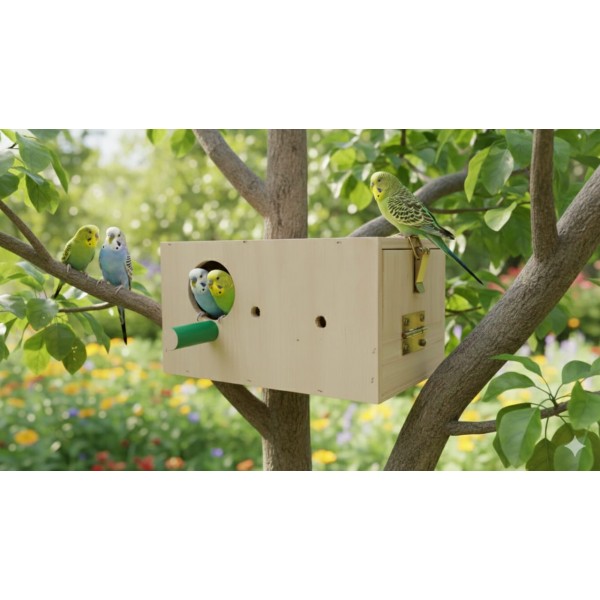 Wooden Bird Nesting & Breeding Box for Budgies & Lovebirds – Natural Wood, Hinged Lid, Perch, 25 × 16 × 14.5 cm