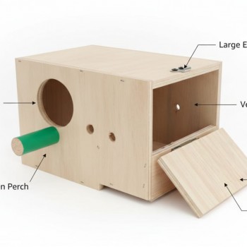 Wooden Bird Nesting & Breeding Box for Budgies & Lovebirds – Natural Wood, Hinged Lid, Perch, 25 × 16 × 14.5 cm