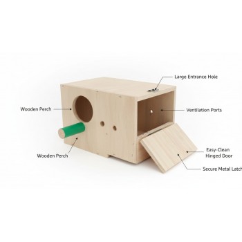Wooden Bird Nesting & Breeding Box for Budgies & Lovebirds – Natural Wood, Hinged Lid, Perch, 25 × 16 × 14.5 cm