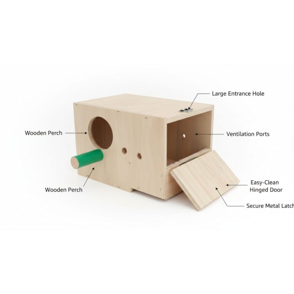 Wooden Bird Nesting & Breeding Box for Budgies & Lovebirds – Natural Wood, Hinged Lid, Perch, 25 × 16 × 14.5 cm