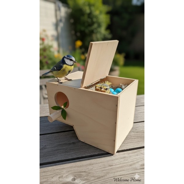 Standard Wooden Bird Breeding Nest Box for Small Birds – Budgies, Lovebirds, Parakeets – Natural Wood, Hinged Lid & Perch – 24 × 18 × 18 cm
