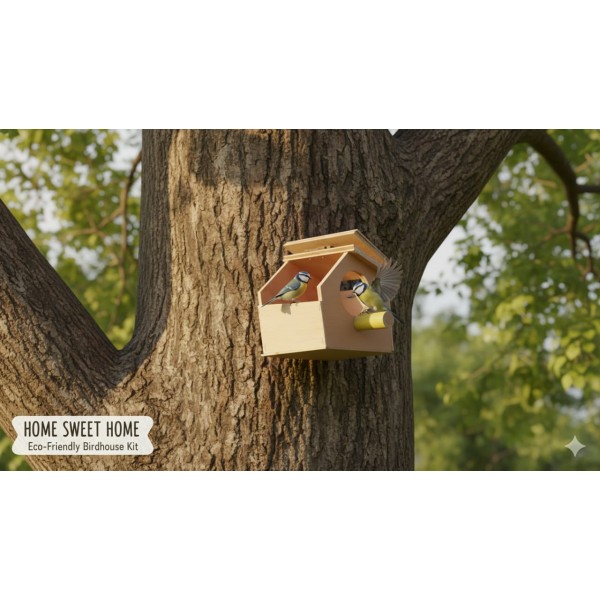 Eco-Friendly Wooden Birdhouse Kit for Small Birds – Natural Solid Wood Nesting Box with 6 cm Round Entry, Yellow Perch & Easy-Clean Door – Outdoor Garden Bird House (15 × 17 × 14.5 cm)