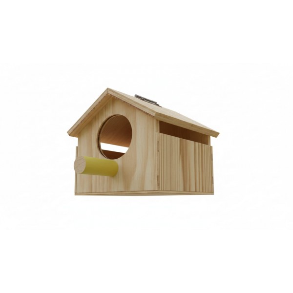 Eco-Friendly Wooden Birdhouse Kit for Small Birds – Natural Solid Wood Nesting Box with 6 cm Round Entry, Yellow Perch & Easy-Clean Door – Outdoor Garden Bird House (15 × 17 × 14.5 cm)
