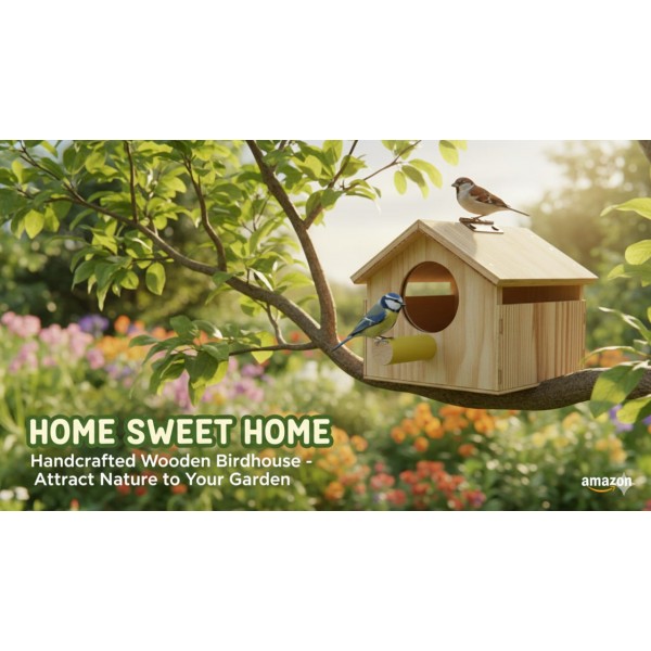 Eco-Friendly Wooden Birdhouse Kit for Small Birds – Natural Solid Wood Nesting Box with 6 cm Round Entry, Yellow Perch & Easy-Clean Door – Outdoor Garden Bird House (15 × 17 × 14.5 cm)