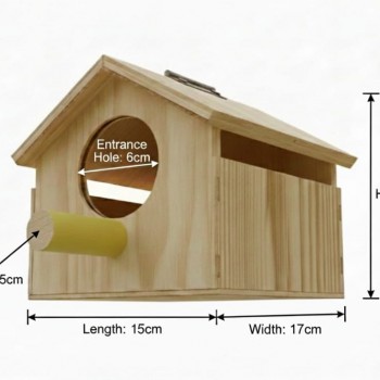 Eco-Friendly Wooden Birdhouse Kit for Small Birds – Natural Solid Wood Nesting Box with 6 cm Round Entry, Yellow Perch & Easy-Clean Door – Outdoor Garden Bird House (15 × 17 × 14.5 cm)