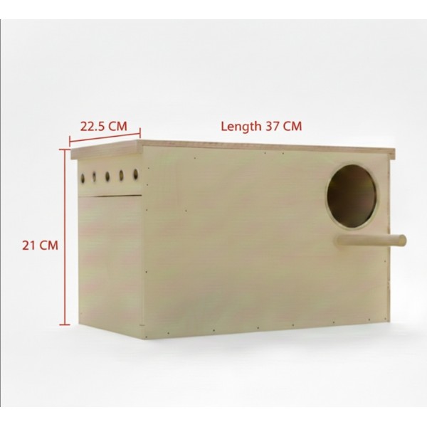Wooden Bird Nesting & Breeding Box with Perch and Detachable Plastic Cleaning Tray – Natural Wood Nest House for Lovebirds, Cockatiels, Budgies & Parakeets – Side-Mounted Design with Easy-Access Opening – Size 37 × 22.5 × 21 cm