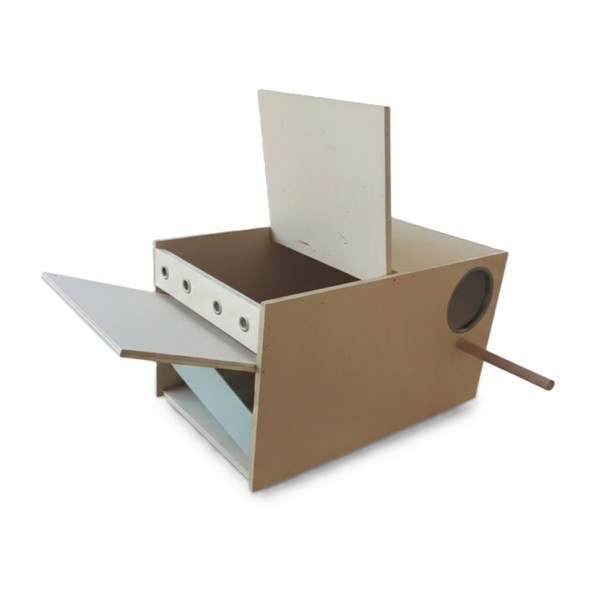 Wooden Bird Nesting & Breeding Box with Perch and Detachable Plastic Cleaning Tray – Natural Wood Nest House for Lovebirds, Cockatiels, Budgies & Parakeets – Side-Mounted Design with Easy-Access Opening – Size 37 × 22.5 × 21 cm