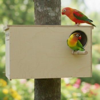 Wooden Bird Nesting & Breeding Box with Perch and Detachable Plastic Cleaning Tray – Natural Wood Nest House for Lovebirds, Cockatiels, Budgies & Parakeets – Side-Mounted Design with Easy-Access Opening – Size 37 × 22.5 × 21 cm