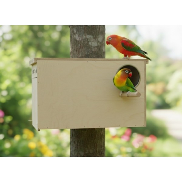 Wooden Bird Nesting & Breeding Box with Perch and Detachable Plastic Cleaning Tray – Natural Wood Nest House for Lovebirds, Cockatiels, Budgies & Parakeets – Side-Mounted Design with Easy-Access Opening – Size 37 × 22.5 × 21 cm