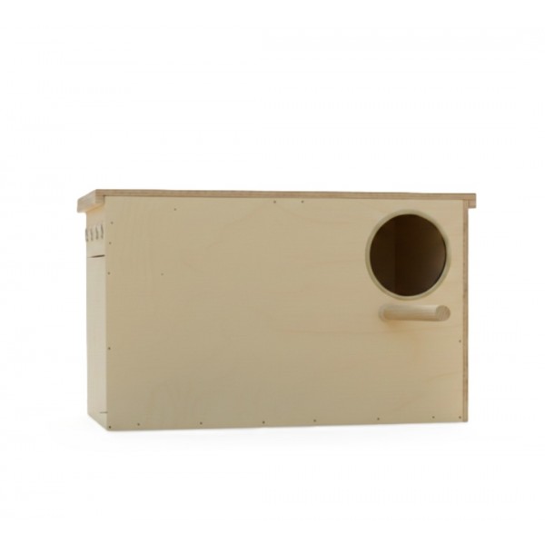 Wooden Bird Nesting & Breeding Box with Perch and Detachable Plastic Cleaning Tray – Natural Wood Nest House for Lovebirds, Cockatiels, Budgies & Parakeets – Side-Mounted Design with Easy-Access Opening – Size 37 × 22.5 × 21 cm