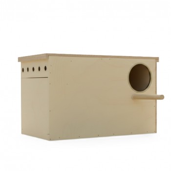 Wooden Bird Nesting & Breeding Box with Perch and Detachable Plastic Cleaning Tray – Natural Wood Nest House for Lovebirds, Cockatiels, Budgies & Parakeets – Side-Mounted Design with Easy-Access Opening – Size 37 × 22.5 × 21 cm