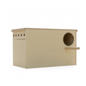 Wooden Bird Nesting & Breeding Box with Perch and Detachable Plastic Cleaning Tray – Natural Wood Nest House for Lovebirds, Cockatiels, Budgies & Parakeets – Side-Mounted Design with Easy-Access Opening – Size 37 × 22.5 × 21 cm