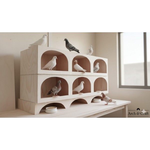 Large Wooden Pigeon Nesting Box with 3 Arched Entrances – Indoor Dovecote & Pet Housing Unit – Modern Light Wood Design – 122 × 27 × 29 cm