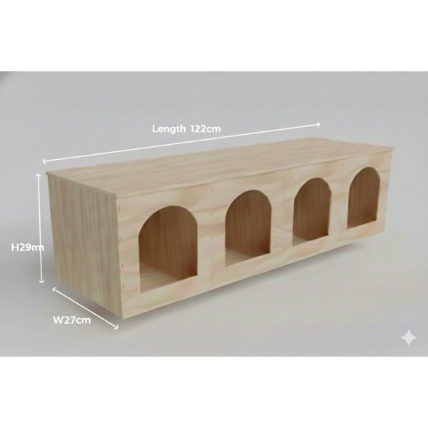 Large Wooden Pigeon Nesting Box with 4 Arched Entrances – Indoor Dovecote & Pet Housing Unit – Modern Light Wood Design – 122 × 27 × 29 cm