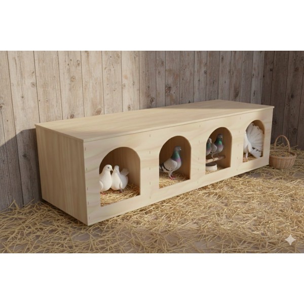 Large Wooden Pigeon Nesting Box with 4 Arched Entrances – Indoor Dovecote & Pet Housing Unit – Modern Light Wood Design – 122 × 27 × 29 cm