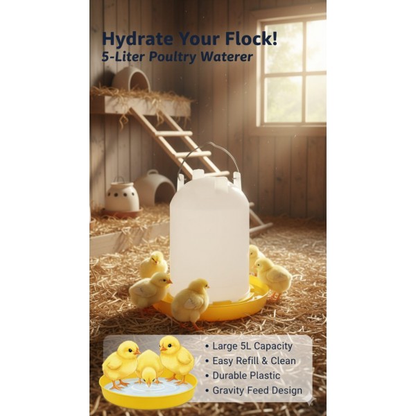 5-Liter Poultry Waterer / Chicken Waterer – Gravity-Fed Plastic Drinker with Metal Handle – Durable, Non-Toxic – For Chickens, Chicks, Ducks & Quails