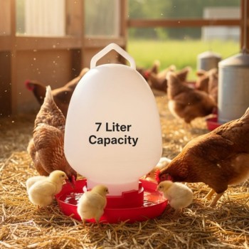 Automatic Plastic Chicken Waterer 7 Liter Capacity – Gravity-Fed Poultry Drinking Feeder with Translucent Container, Anti-Tip Red Base, Carrying & Hanging Handle – Suitable for Chicks and Adult Hens