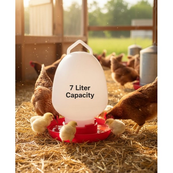 Automatic Plastic Chicken Waterer 7 Liter Capacity – Gravity-Fed Poultry Drinking Feeder with Translucent Container, Anti-Tip Red Base, Carrying & Hanging Handle – Suitable for Chicks and Adult Hens