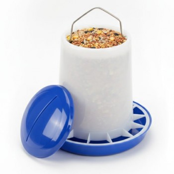 1kg Plastic Chicken Feeder, Blue and White Color - Gravity-Fed Poultry Feeder with Feed Saver Ring, Lid and Carry Handle