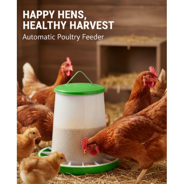4 kg Plastic Poultry Feeder with Feed Saver Ring, Lid & Handle – Green & White Gravity-Fed Chicken Feeder for Chicks, Growers, and Adult Poultry