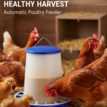 4 kg Plastic Poultry Feeder with Feed Saver Ring, Lid & Handle – Blue & White Gravity-Fed Chicken Feeder for Chicks, Growers, and Adult Poultry