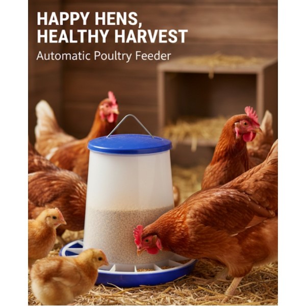 4 kg Plastic Poultry Feeder with Feed Saver Ring, Lid & Handle – Blue & White Gravity-Fed Chicken Feeder for Chicks, Growers, and Adult Poultry