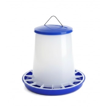 4 kg Plastic Poultry Feeder with Feed Saver Ring, Lid & Handle – Blue & White Gravity-Fed Chicken Feeder for Chicks, Growers, and Adult Poultry