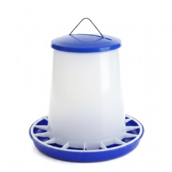 4 kg Plastic Poultry Feeder with Feed Saver Ring, Lid & Handle – Blue & White Gravity-Fed Chicken Feeder for Chicks, Growers, and Adult Poultry