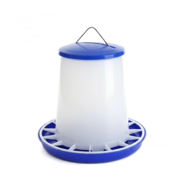 4 kg Plastic Poultry Feeder with Feed Saver Ring, Lid & Handle – Blue & White Gravity-Fed Chicken Feeder for Chicks, Growers, and Adult Poultry