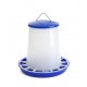 4 kg Plastic Poultry Feeder with Feed Saver Ring, Lid & Handle – Blue & White Gravity-Fed Chicken Feeder for Chicks, Growers, and Adult Poultry