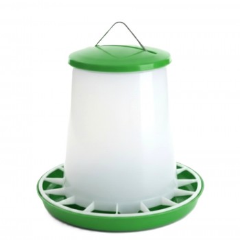 4 kg Plastic Poultry Feeder with Feed Saver Ring, Lid & Handle – Green & White Gravity-Fed Chicken Feeder for Chicks, Growers, and Adult Poultry