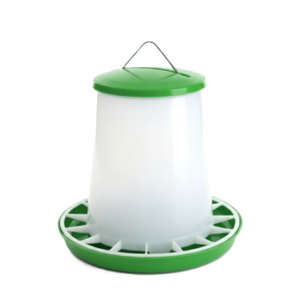 4 kg Plastic Poultry Feeder with Feed Saver Ring, Lid & Handle – Green & White Gravity-Fed Chicken Feeder for Chicks, Growers, and Adult Poultry