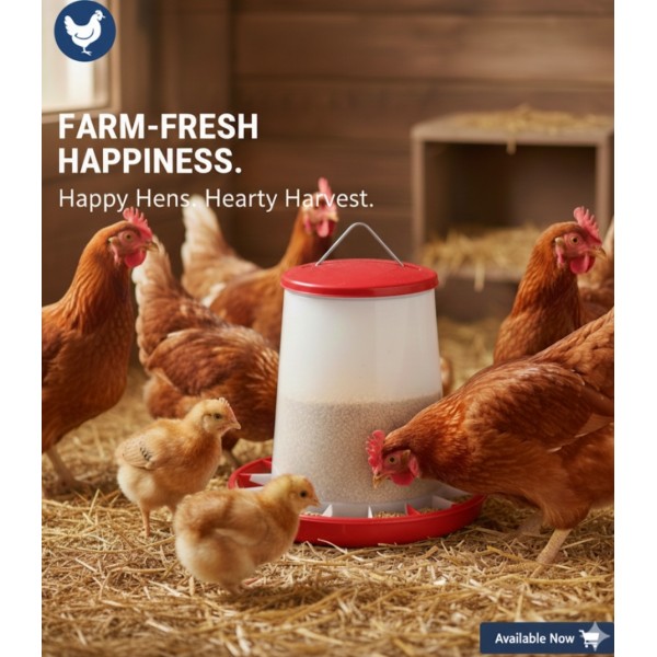 5 kg Plastic Poultry Feeder with Feed Saver Ring, Lid & Handle – Red & White Gravity-Fed Chicken Feeder for Chicks, Growers, and Adult Poultry