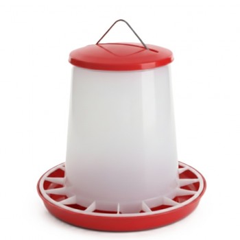 5 kg Plastic Poultry Feeder with Feed Saver Ring, Lid & Handle – Red & White Gravity-Fed Chicken Feeder for Chicks, Growers, and Adult Poultry