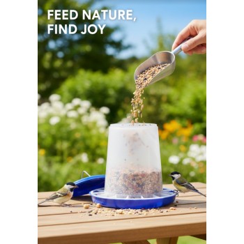 8 kg Plastic Poultry Feeder with Feed Saver Ring, Lid & Handle – Blue & White Gravity-Fed Chicken Feeder for Chicks, Growers, and Adult Poultry