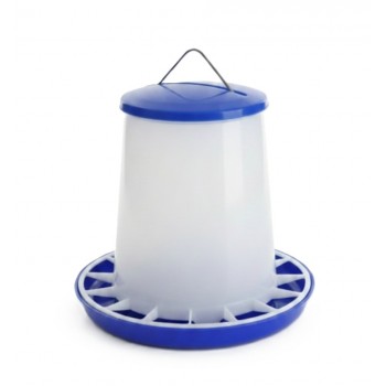 8 kg Plastic Poultry Feeder with Feed Saver Ring, Lid & Handle – Blue & White Gravity-Fed Chicken Feeder for Chicks, Growers, and Adult Poultry